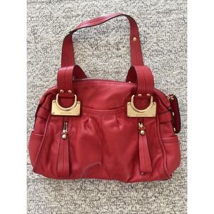 B. MAKOWSKY Large Glove East/West Red Leather Hobo Leopard Lining Purse Handbag